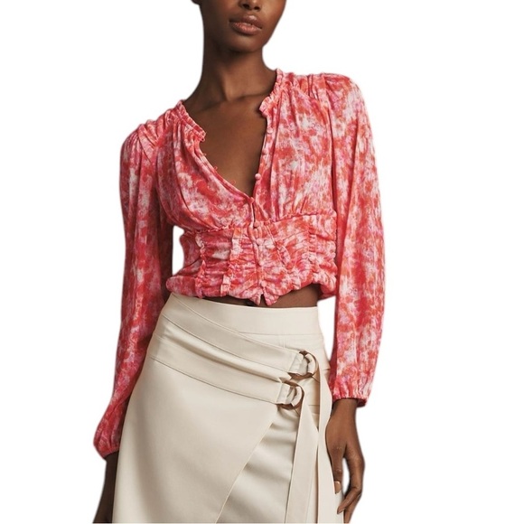 Anthropologie Long-Sleeve Femme Ruched Cropped Blouse Pink & Orange Chiffon Sz L - Picture 1 of 15